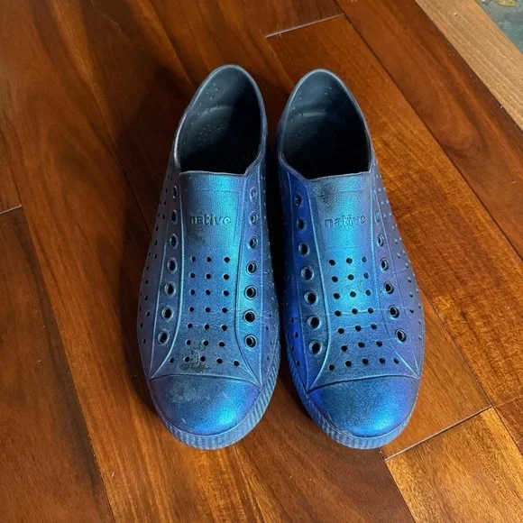 Shiny Blue Perforated Slip-Ons - Picture 3 of 16